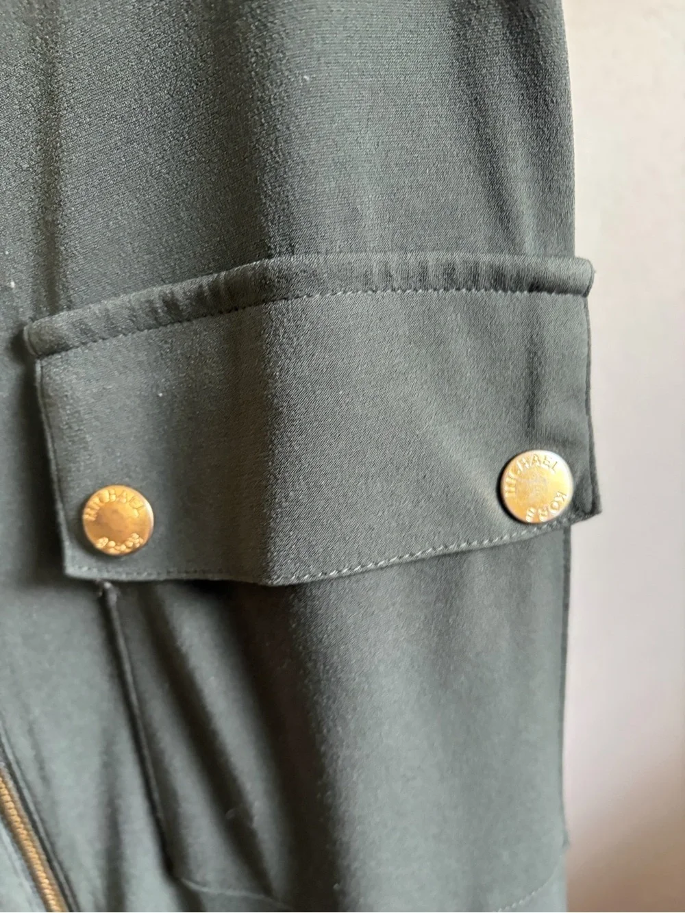 Michael Kors Olive Green Sleeveless Utility Jumpsuit with Gold Hardware
